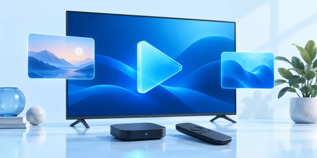 Ilustración de un televisor con símbolo de reproducción, un reproductor y un control.