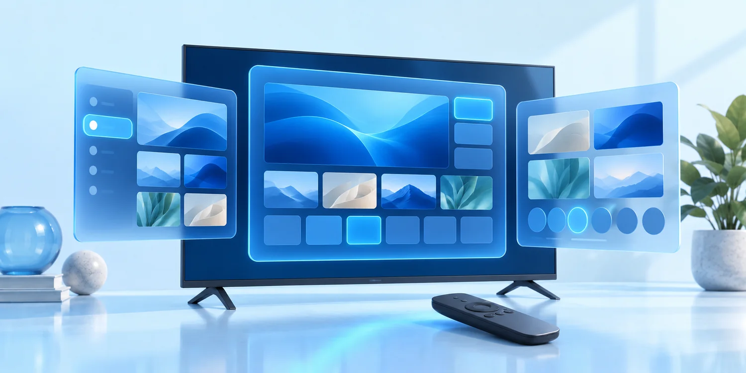 Ilustración de un televisor rodeado de distintos diseños de interfaz.