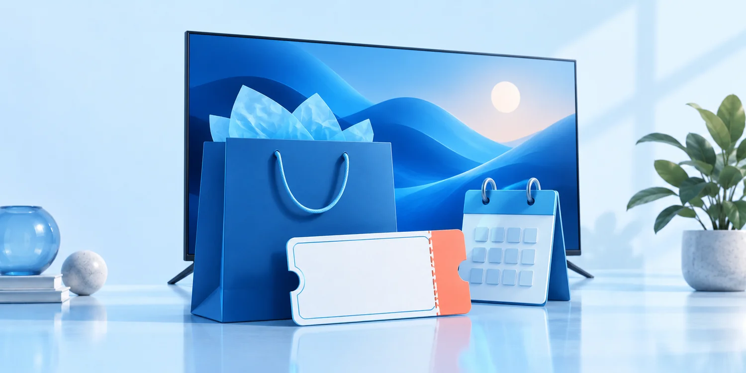 Ilustración de una bolsa de compras, un cupón y un calendario junto a un televisor.