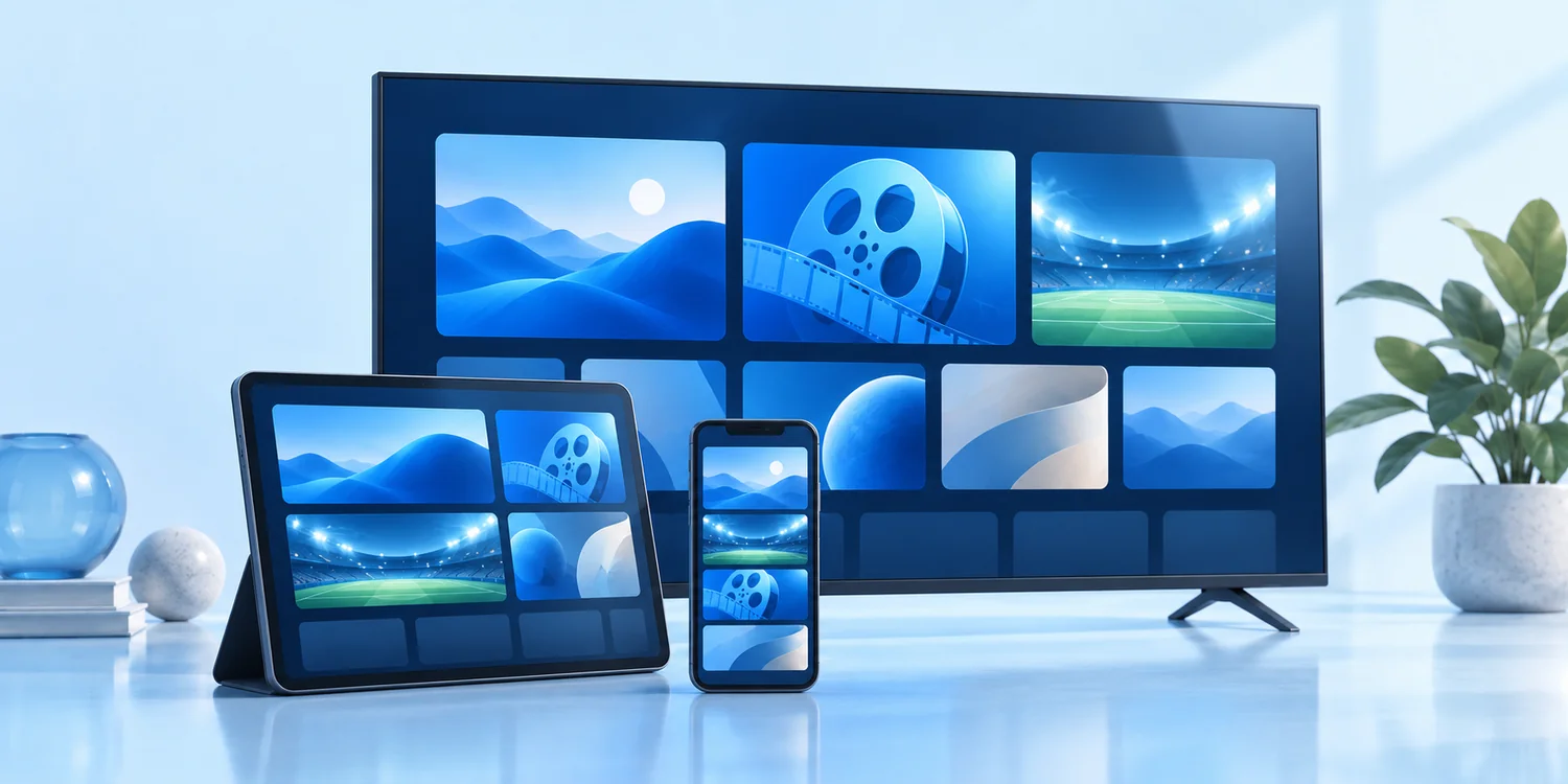 Ilustración de un televisor, una tableta y un celular con paneles azules.