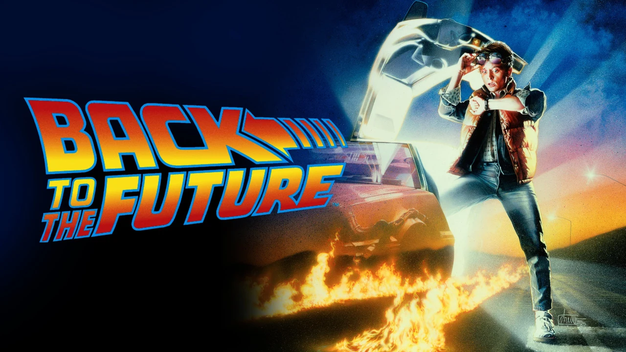 Arte promocional de Volver al futuro con Marty McFly junto al DeLorean y el título original.