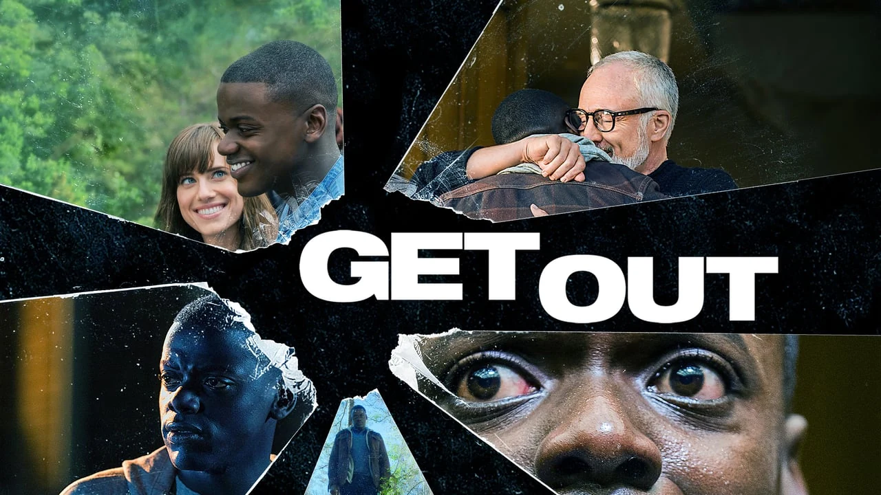 Arte promocional de ¡Huye!, con escenas de sus protagonistas y el título Get Out.