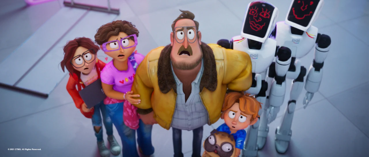 La familia Mitchell y su perro miran hacia arriba junto a dos robots.